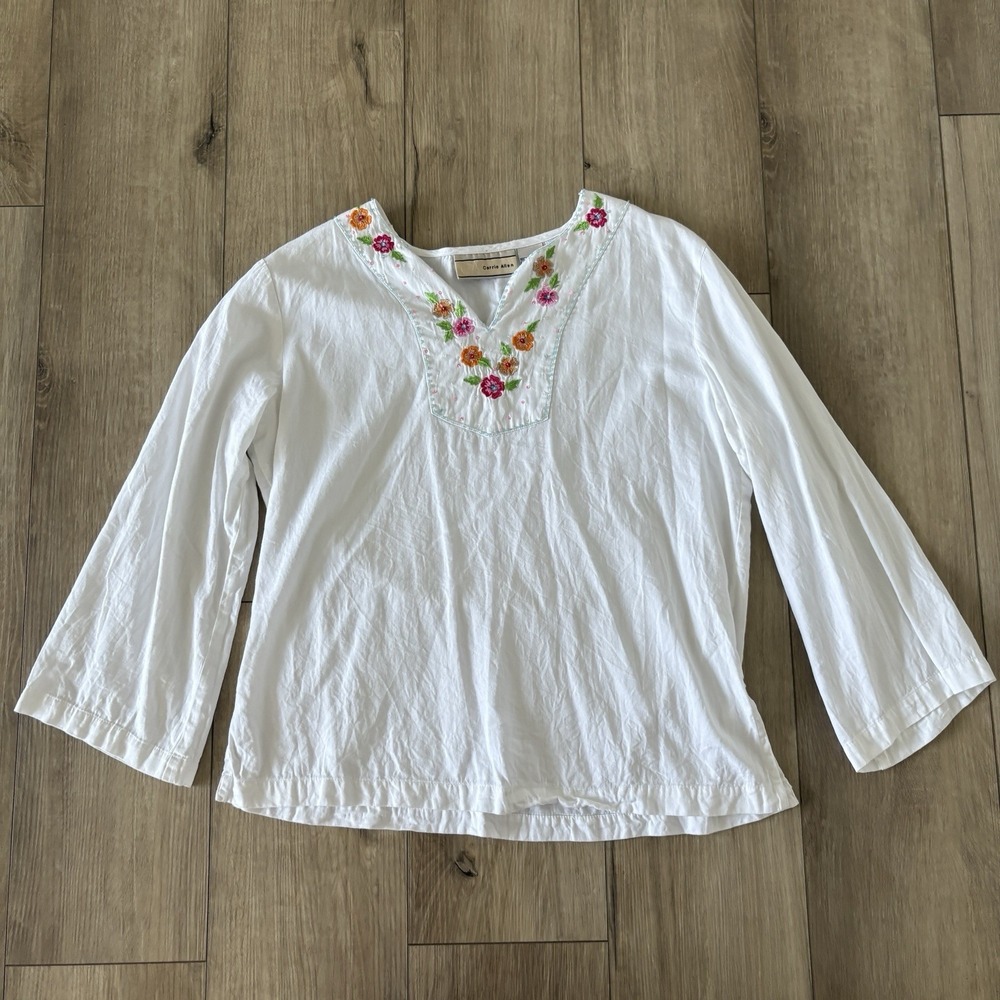 Carrie Allen Womens M White Floral Beaded Sequin Embroidered V Neck Blouse